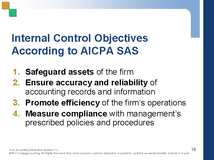 Internal Control Objectives According to AICPA SAS 1. Safeguard assets of the firm 2.