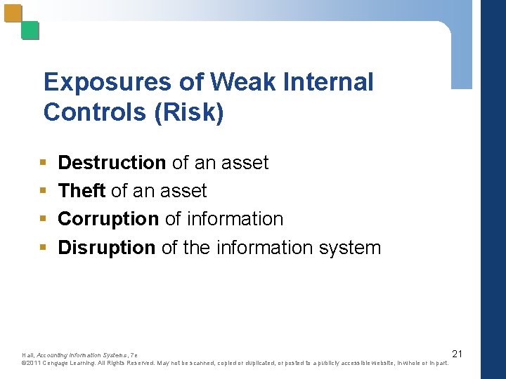 Exposures of Weak Internal Controls (Risk) § § Destruction of an asset Theft of