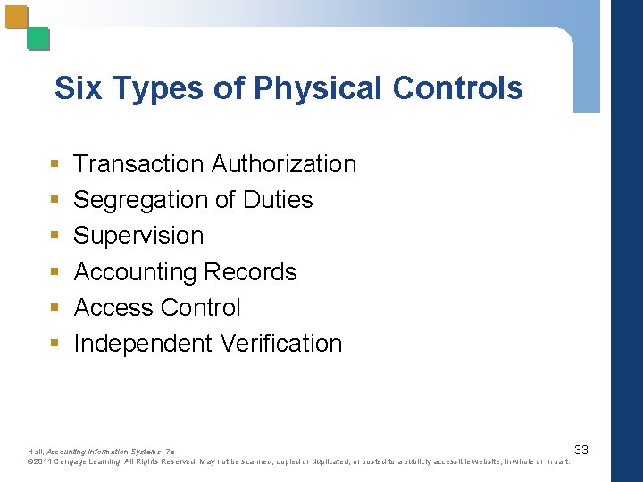 Six Types of Physical Controls § § § Transaction Authorization Segregation of Duties Supervision