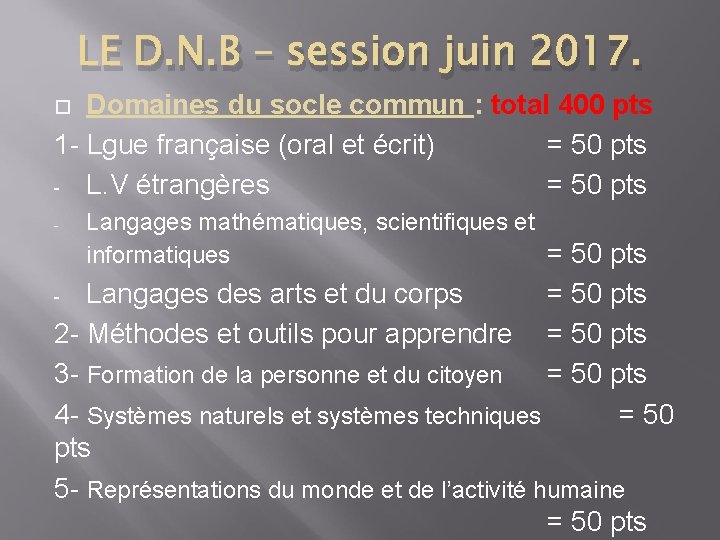 LE D. N. B – session juin 2017. Domaines du socle commun : total