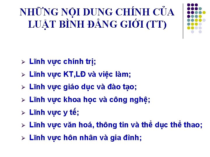 NHỮNG NỘI DUNG CHÍNH CỦA LUẬT BÌNH ĐẲNG GIỚI (TT) Ø Lĩnh vực chính