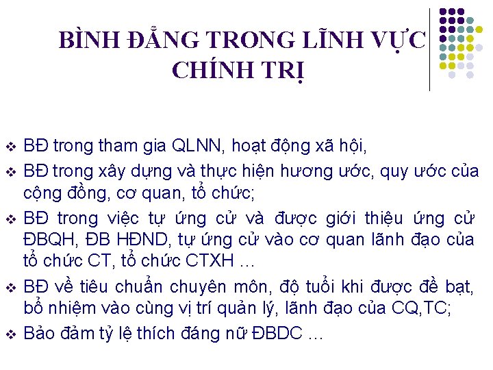 BÌNH ĐẲNG TRONG LĨNH VỰC CHÍNH TRỊ v v v BĐ trong tham gia