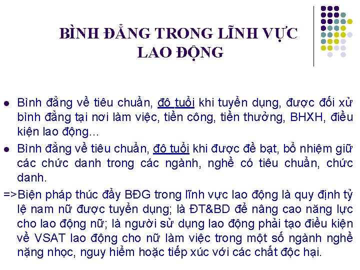 BÌNH ĐẲNG TRONG LĨNH VỰC LAO ĐỘNG Bình đẳng về tiêu chuẩn, độ tuổi