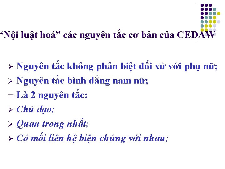 “Nội luật hoá” các nguyên tắc cơ bản của CEDAW Nguyên tắc không phân