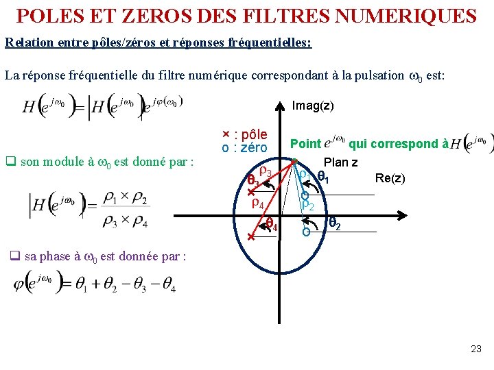 POLES ET ZEROS DES FILTRES NUMERIQUES Relation entre pôles/zéros et réponses fréquentielles: La réponse