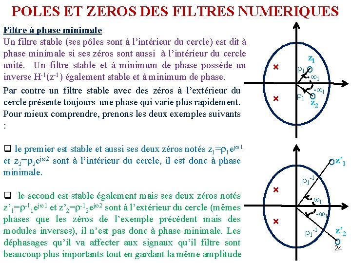 POLES ET ZEROS DES FILTRES NUMERIQUES Filtre à phase minimale Un filtre stable (ses