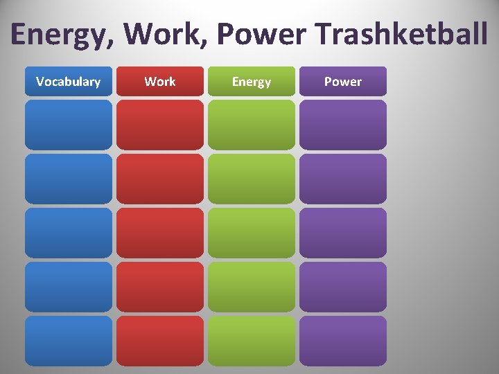 Energy, Work, Power Trashketball Vocabulary Work Energy Power 