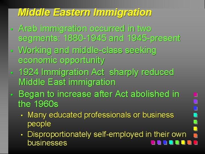 Middle Eastern Immigration • • Arab immigration occurred in two segments: 1880 -1945 and