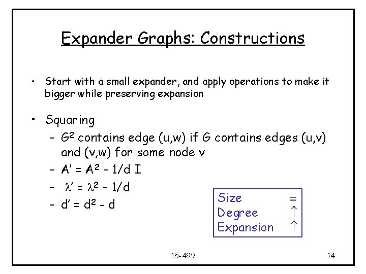 Expander Graphs: Constructions • Start with a small expander, and apply operations to make