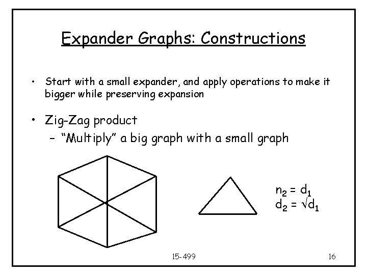 Expander Graphs: Constructions • Start with a small expander, and apply operations to make