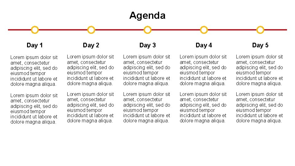 Agenda Day 1 Day 2 Day 3 Day 4 Day 5 Lorem ipsum dolor