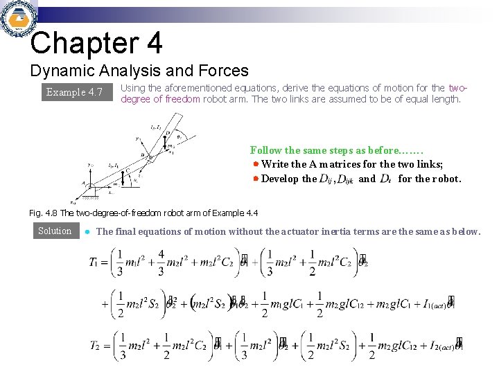 Chapter 4 Dynamic Analysis and Forces Example 4. 7 Using the aforementioned equations, derive