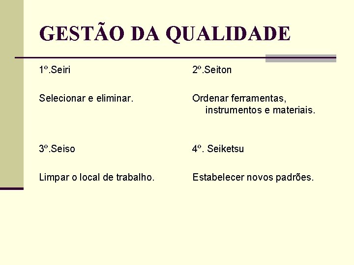 GESTÃO DA QUALIDADE 1º. Seiri 2º. Seiton Selecionar e eliminar. Ordenar ferramentas, instrumentos e GESTÃO DA QUALIDADE 1º. Seiri 2º. Seiton Selecionar e eliminar. Ordenar ferramentas, instrumentos e