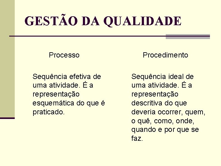 GESTÃO DA QUALIDADE Processo Sequência efetiva de uma atividade. É a representação esquemática do GESTÃO DA QUALIDADE Processo Sequência efetiva de uma atividade. É a representação esquemática do