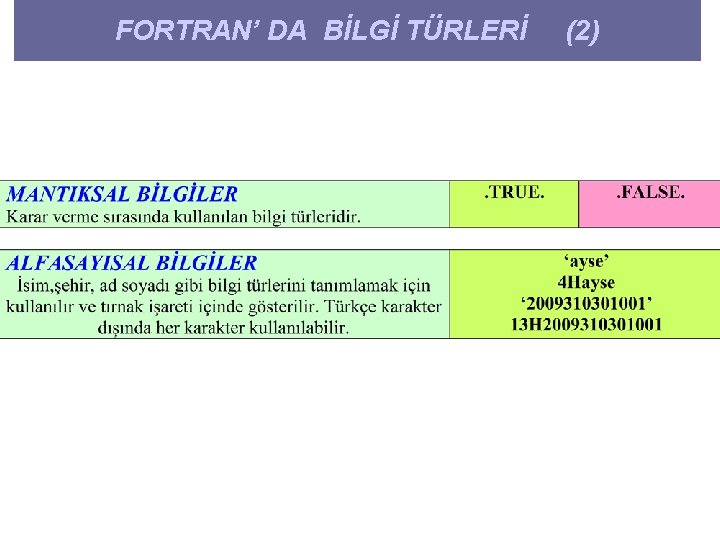 FORTRAN’ DA BİLGİ TÜRLERİ (2) 