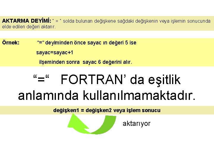 AKTARMA DEYİMİ: “ = “ solda bulunan değişkene sağdaki değişkenin veya işlemin sonucunda elde