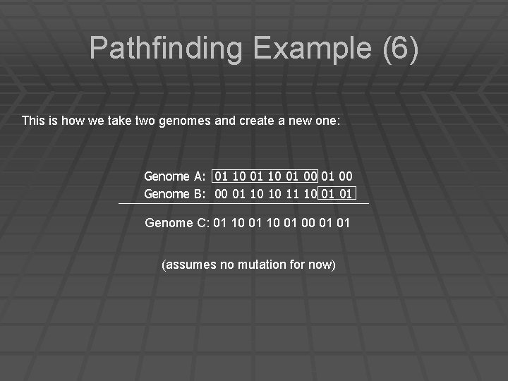 Pathfinding Example (6) This is how we take two genomes and create a new