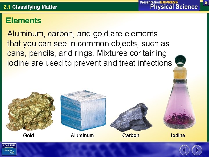 2. 1 Classifying Matter Elements Aluminum, carbon, and gold are elements that you can