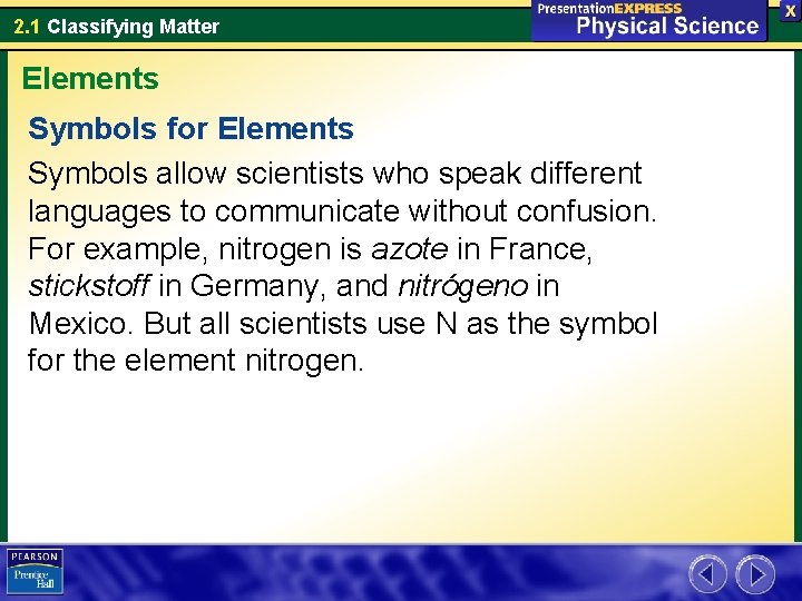 2. 1 Classifying Matter Elements Symbols for Elements Symbols allow scientists who speak different