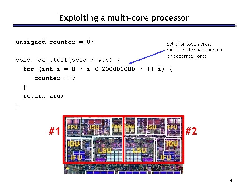 Exploiting a multi-core processor unsigned counter = 0; Split for-loop across multiple threads running