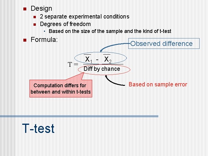 n Design n n 2 separate experimental conditions Degrees of freedom • Based on