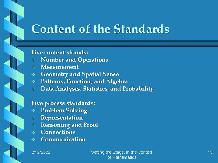 Content of the Standards Five content strands: v Number and Operations v Measurement v