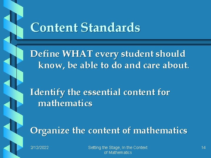 Content Standards Define WHAT every student should know, be able to do and care