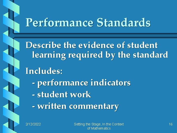 Performance Standards Describe the evidence of student learning required by the standard Includes: -