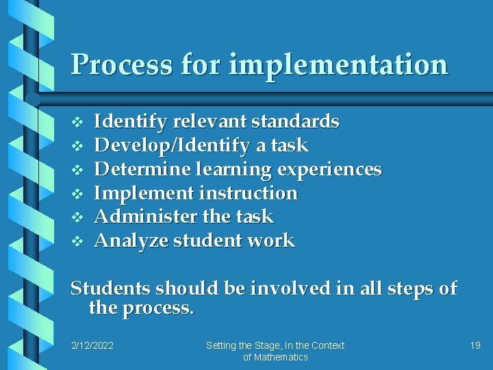 Process for implementation v v v Identify relevant standards Develop/Identify a task Determine learning