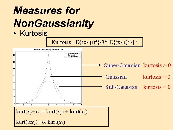 Measures for Non. Gaussianity • Kurtosis : E{(x- )4}-3*[E{(x- )2}] 2 Super-Gaussian kurtosis >