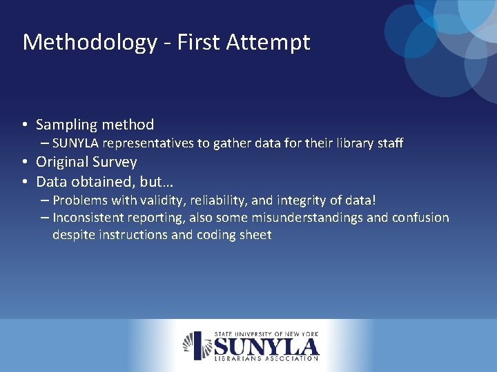 Methodology - First Attempt • Sampling method – SUNYLA representatives to gather data for