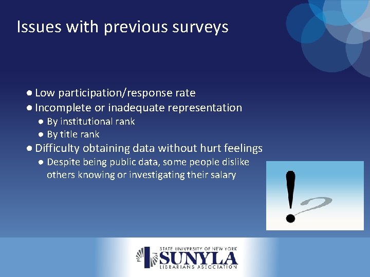 Issues with previous surveys ● Low participation/response rate ● Incomplete or inadequate representation ●