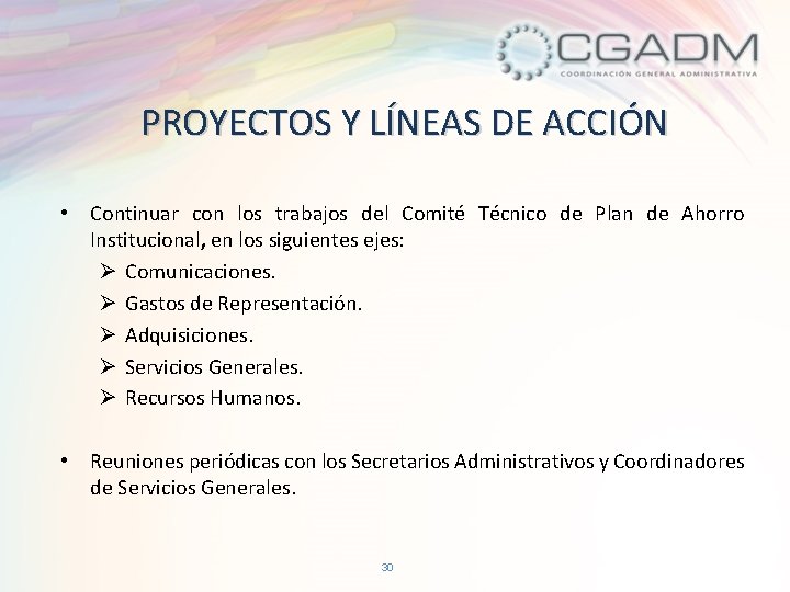 PROYECTOS Y LÍNEAS DE ACCIÓN • Continuar con los trabajos del Comité Técnico de