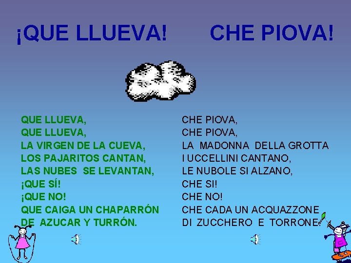 ¡QUE LLUEVA! QUE LLUEVA, LA VIRGEN DE LA CUEVA, LOS PAJARITOS CANTAN, LAS NUBES