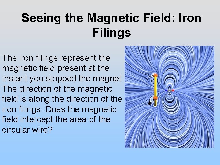 Seeing the Magnetic Field: Iron Filings The iron filings represent the magnetic field present