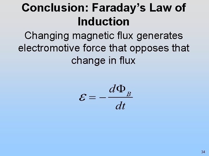 Conclusion: Faraday’s Law of Induction Changing magnetic flux generates electromotive force that opposes that