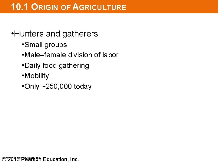 10. 1 ORIGIN OF AGRICULTURE • Hunters and gatherers • Small groups • Male–female