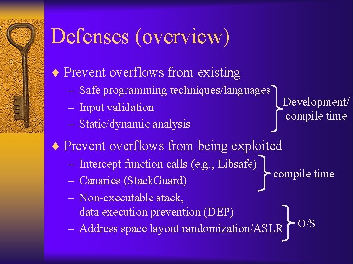Defenses (overview) ¨ Prevent overflows from existing – Safe programming techniques/languages Development/ – Input
