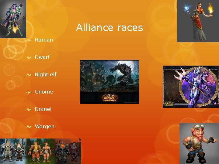 Alliance races Human Dwarf Night elf Gnome Dranei Worgen 