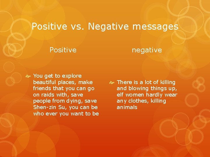 Positive vs. Negative messages Positive You get to explore beautiful places, make friends that