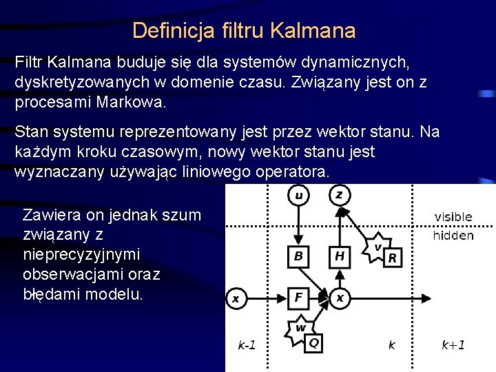 Definicja filtru Kalmana Filtr Kalmana buduje się dla systemów dynamicznych, dyskretyzowanych w domenie czasu.