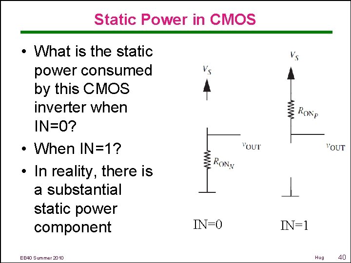 Static Power in CMOS • What is the static power consumed by this CMOS