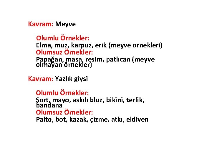 Kavram: Meyve Olumlu Örnekler: Elma, muz, karpuz, erik (meyve örnekleri) Olumsuz Örnekler: Papağan, masa,