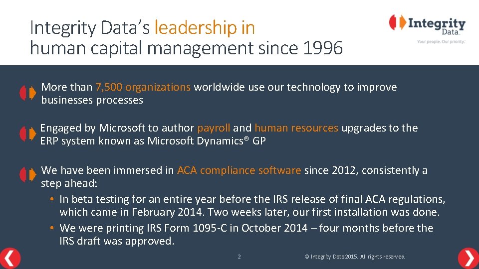 Integrity Data’s leadership in human capital management since 1996 More than 7, 500 organizations