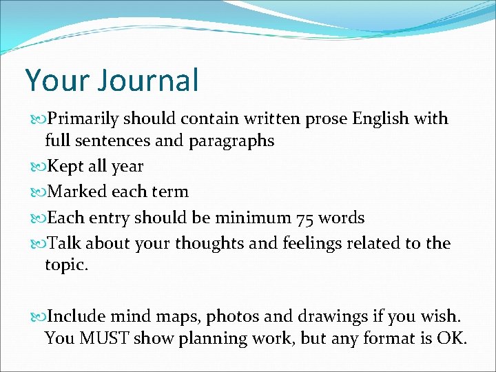 Your Journal Primarily should contain written prose English with full sentences and paragraphs Kept