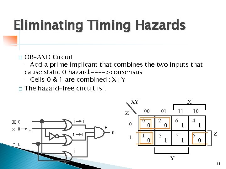 Eliminating Timing Hazards � � OR-AND Circuit - Add a prime implicant that combines Eliminating Timing Hazards � � OR-AND Circuit - Add a prime implicant that combines