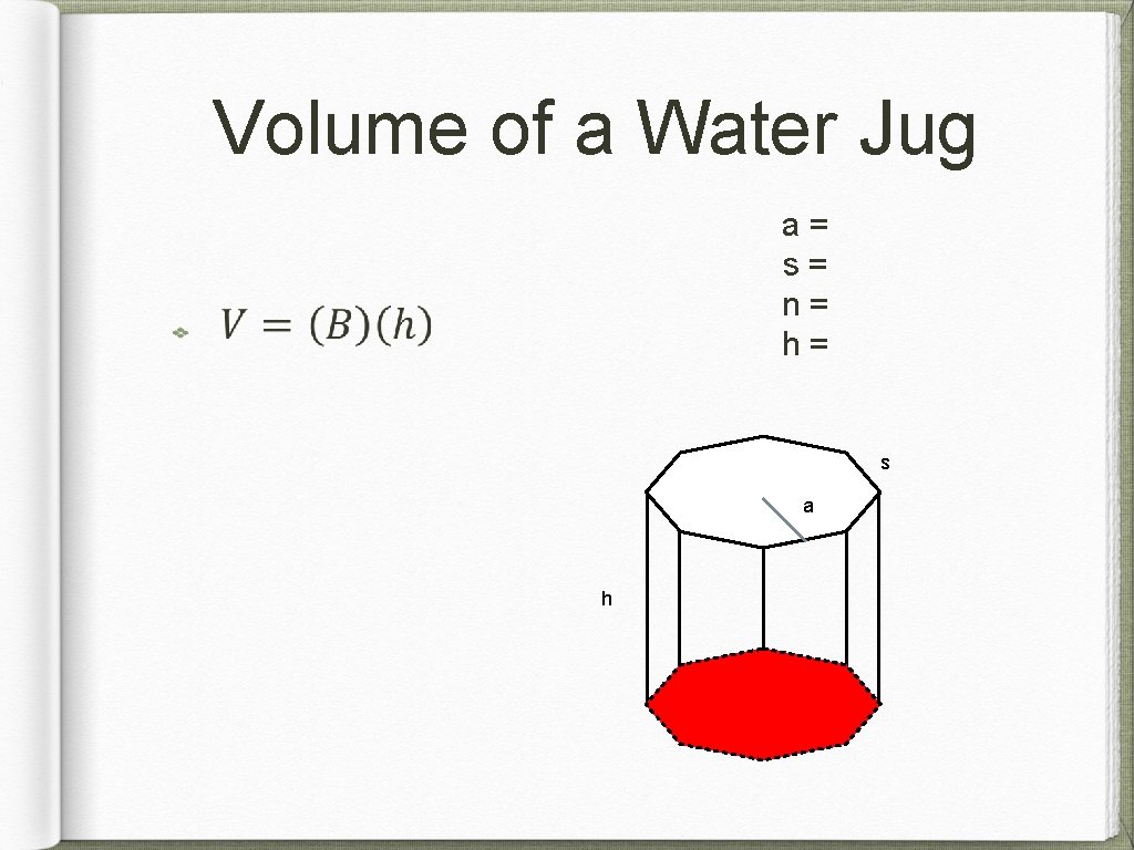 Volume of a Water Jug a= s= n= h= s a h 