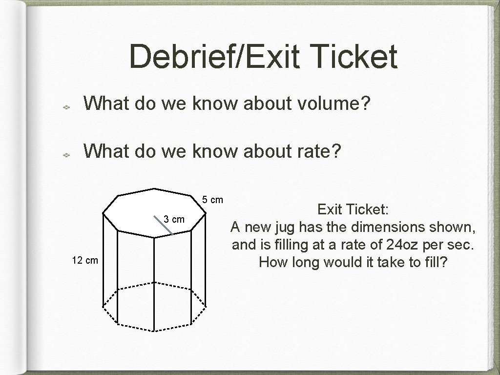 Debrief/Exit Ticket What do we know about volume? What do we know about rate?