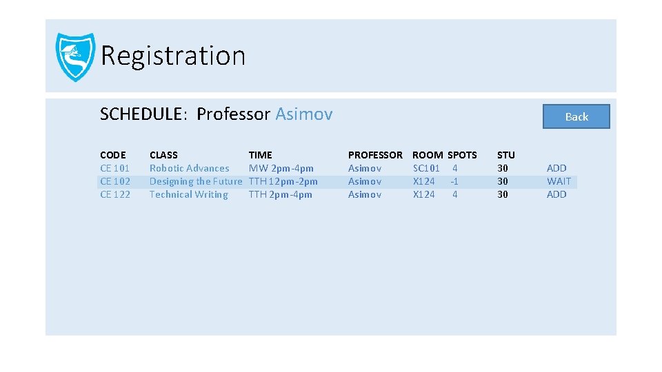 Registration SCHEDULE: Professor Asimov CODE CE 101 CE 102 CE 122 CLASS Robotic Advances