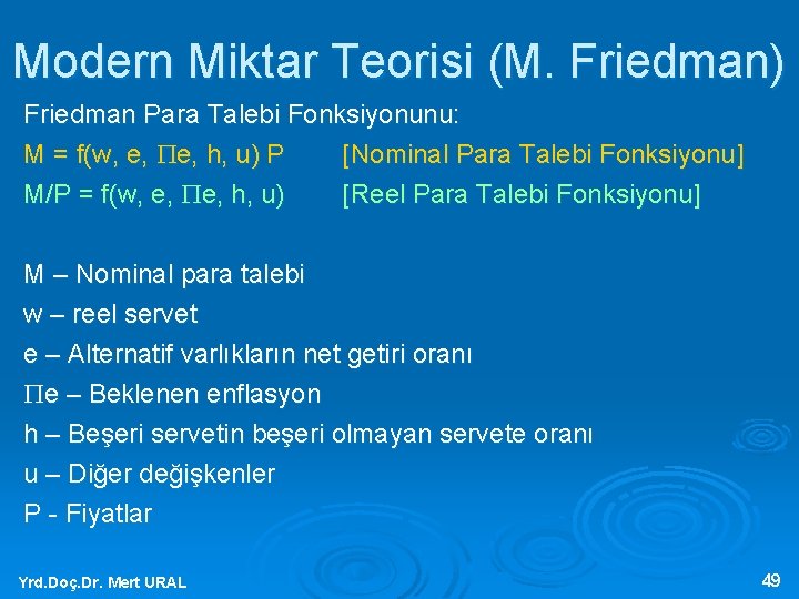 Modern Miktar Teorisi (M. Friedman) Friedman Para Talebi Fonksiyonunu: M = f(w, e, h,